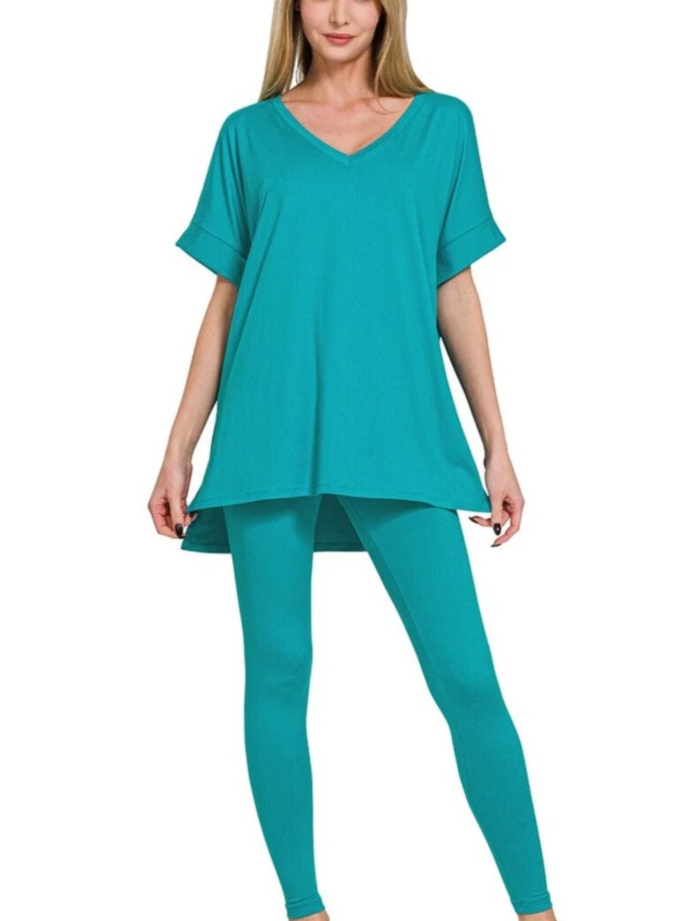 Zenana Outfitters Teal V-Neck Tunic Top & Leggings Set - Teal